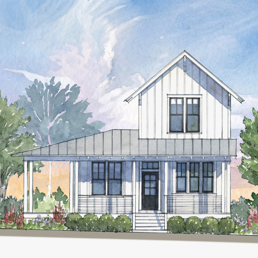 Watercolor-style architectural rendering of a two-story farmhouse house with white siding, dark window trim, a front porch, and landscaped trees and shrubs under a blue sky.