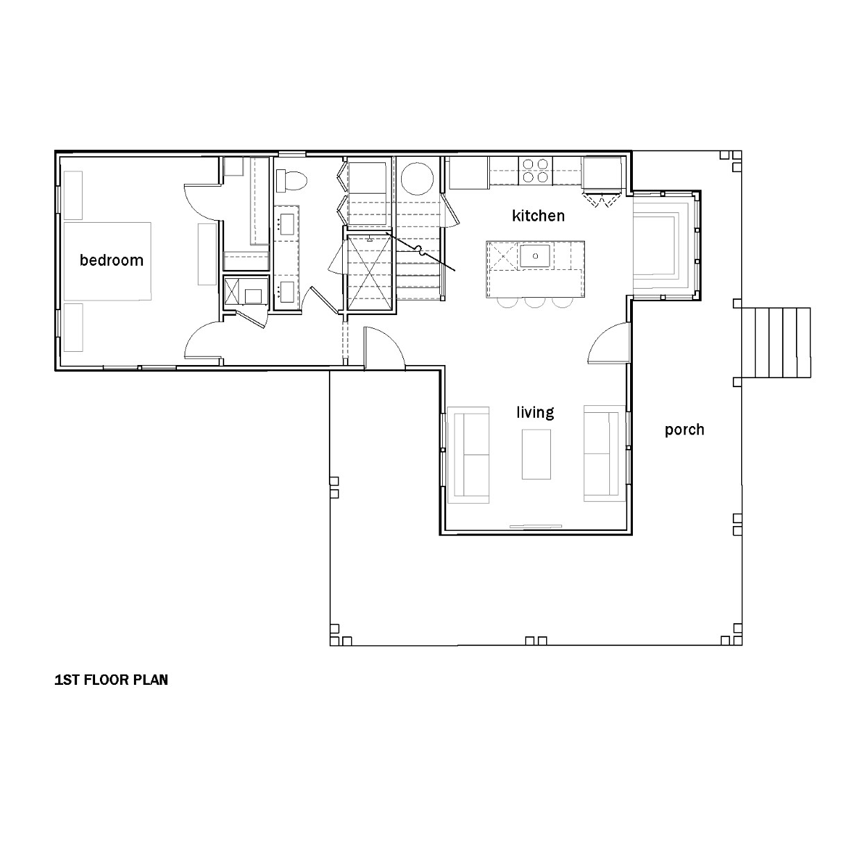 Architectural floor plan sheet showing large wraparound porch, living room, kitchen, bath, and bedroom