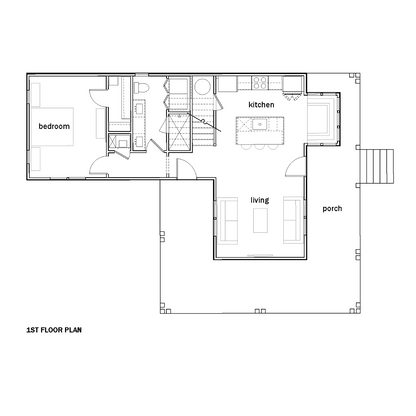 Architectural floor plan sheet showing large wraparound porch, living room, kitchen, bath, and bedroom