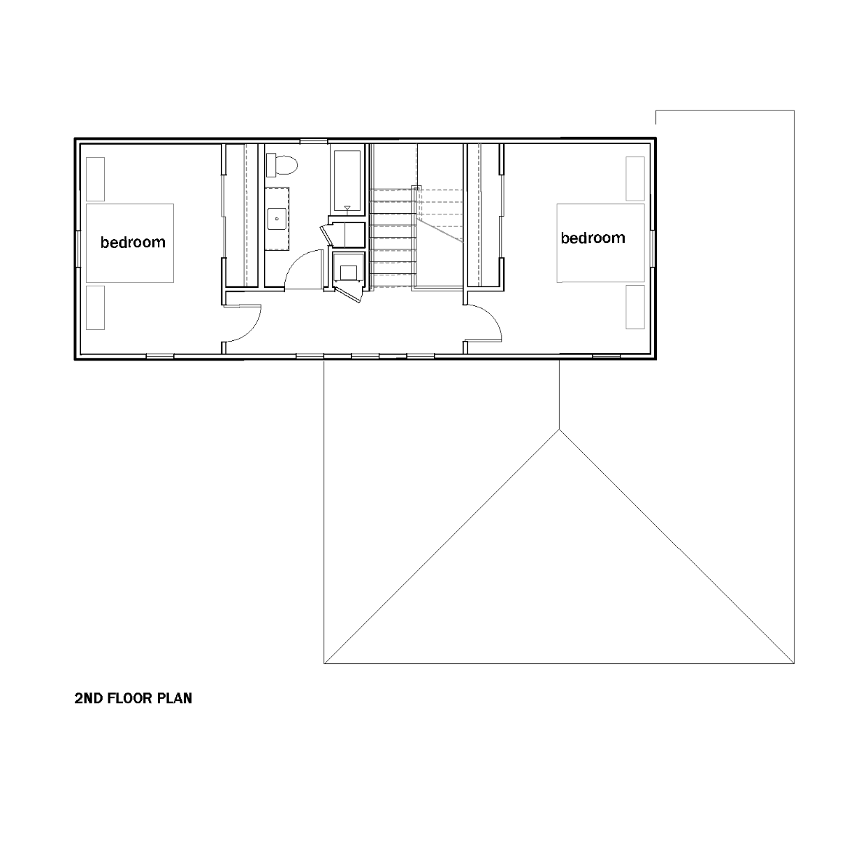  architectural floor plan showing second story with two bedrooms, stairs, and a shared bath 