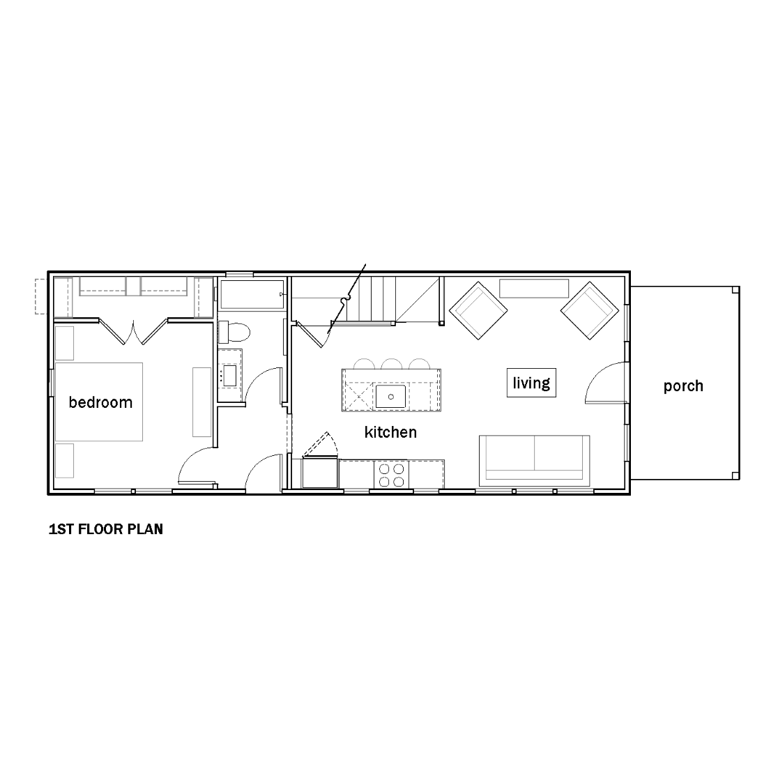 architectural first floor plan layout showing the porch living, kitchen and bedroom with bathroom and closet.