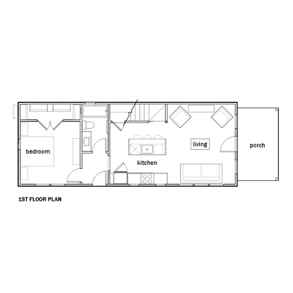 architectural first floor plan layout showing the porch living, kitchen and bedroom with bathroom and closet.