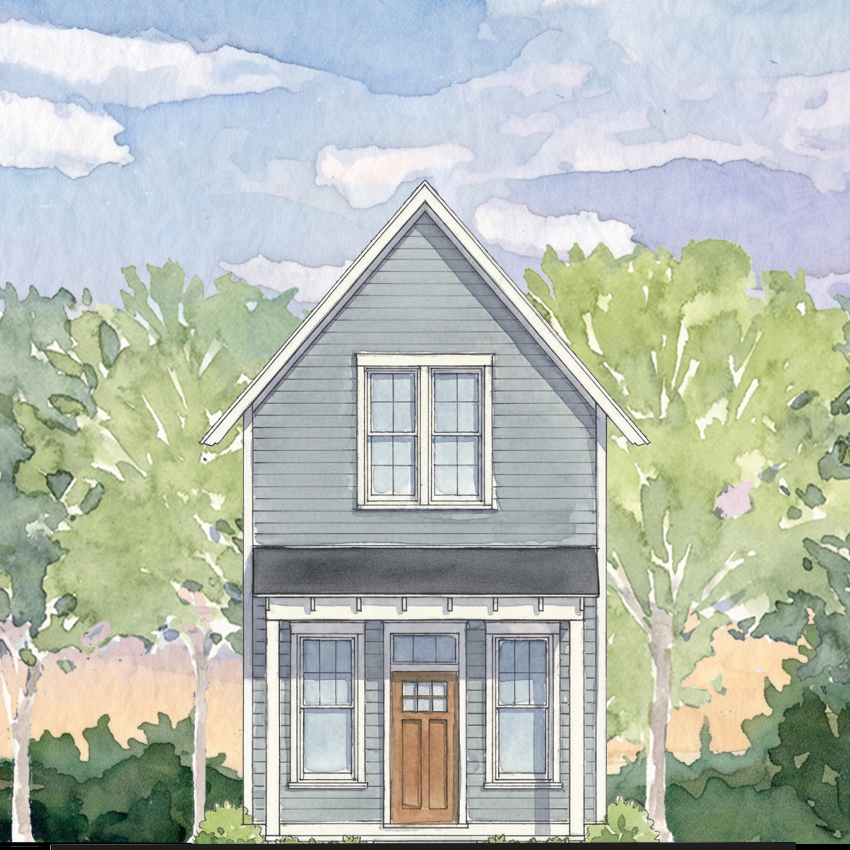 Watercolor-style illustration of a two-story house with gray siding, a brown front door, white-framed windows, and green trees under a soft blue and lavender sky.