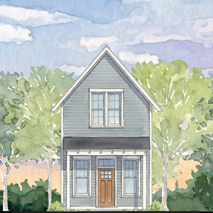 Watercolor-style illustration of a two-story house with gray siding, a brown front door, white-framed windows, and green trees under a soft blue and lavender sky.