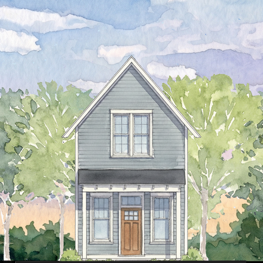 Watercolor-style illustration of a two-story house with gray siding, a brown front door, white-framed windows, and green trees under a soft blue and lavender sky.