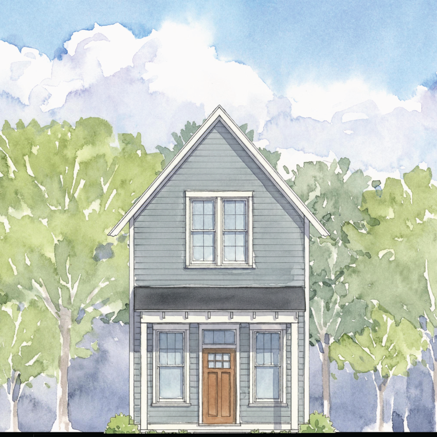 Illustration of a small house with trees and a blue sky