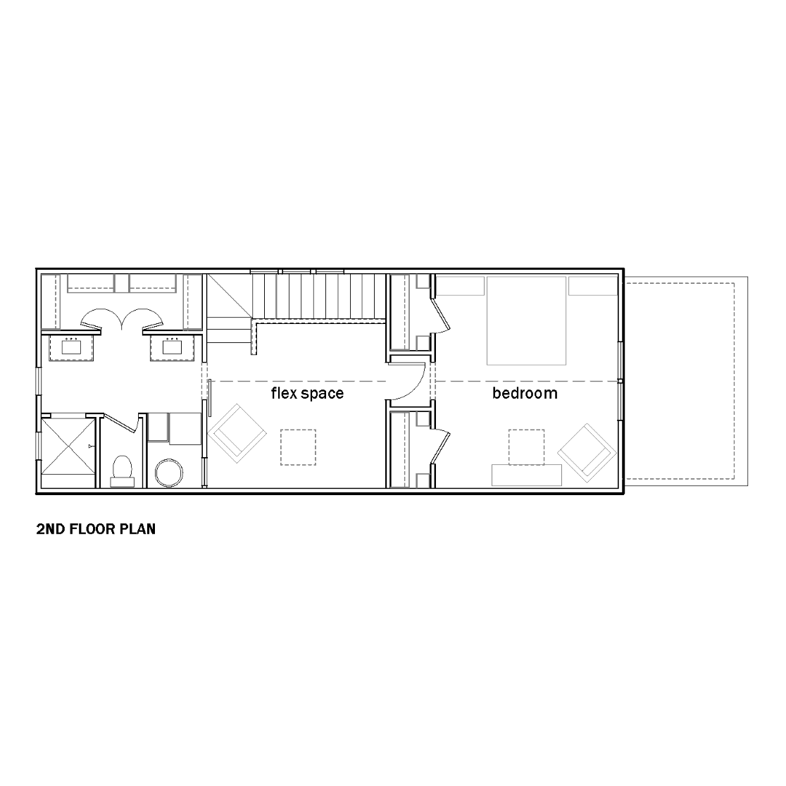 An architectural floor plan layout of the second floor showing bedroom, flex space, bathroom and closet.