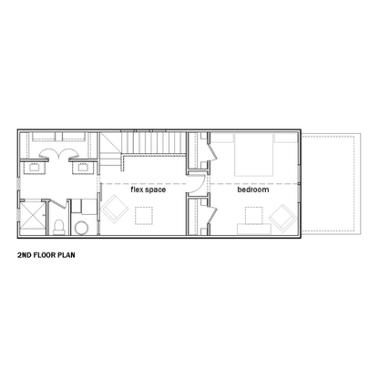 An architectural floor plan layout of the second floor showing bedroom, flex space, bathroom and closet.