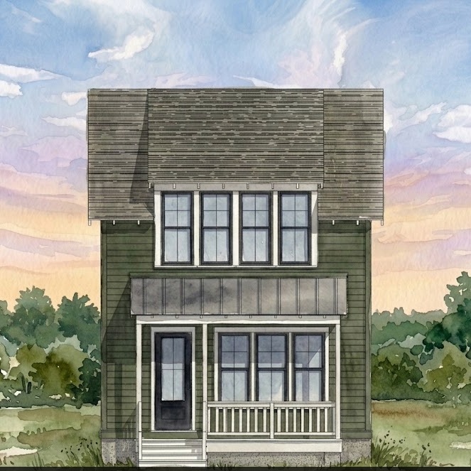 Watercolor architectural rendering of a two-story house exterior, showing green siding, white trim, a front porch, and a cloudy sky with trees in the background.