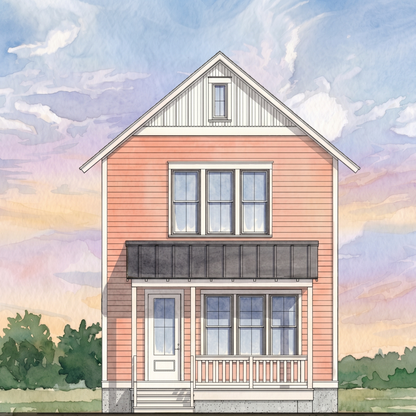 Watercolor-style rendering of a two-story house exterior with coral-pink siding, and white trim