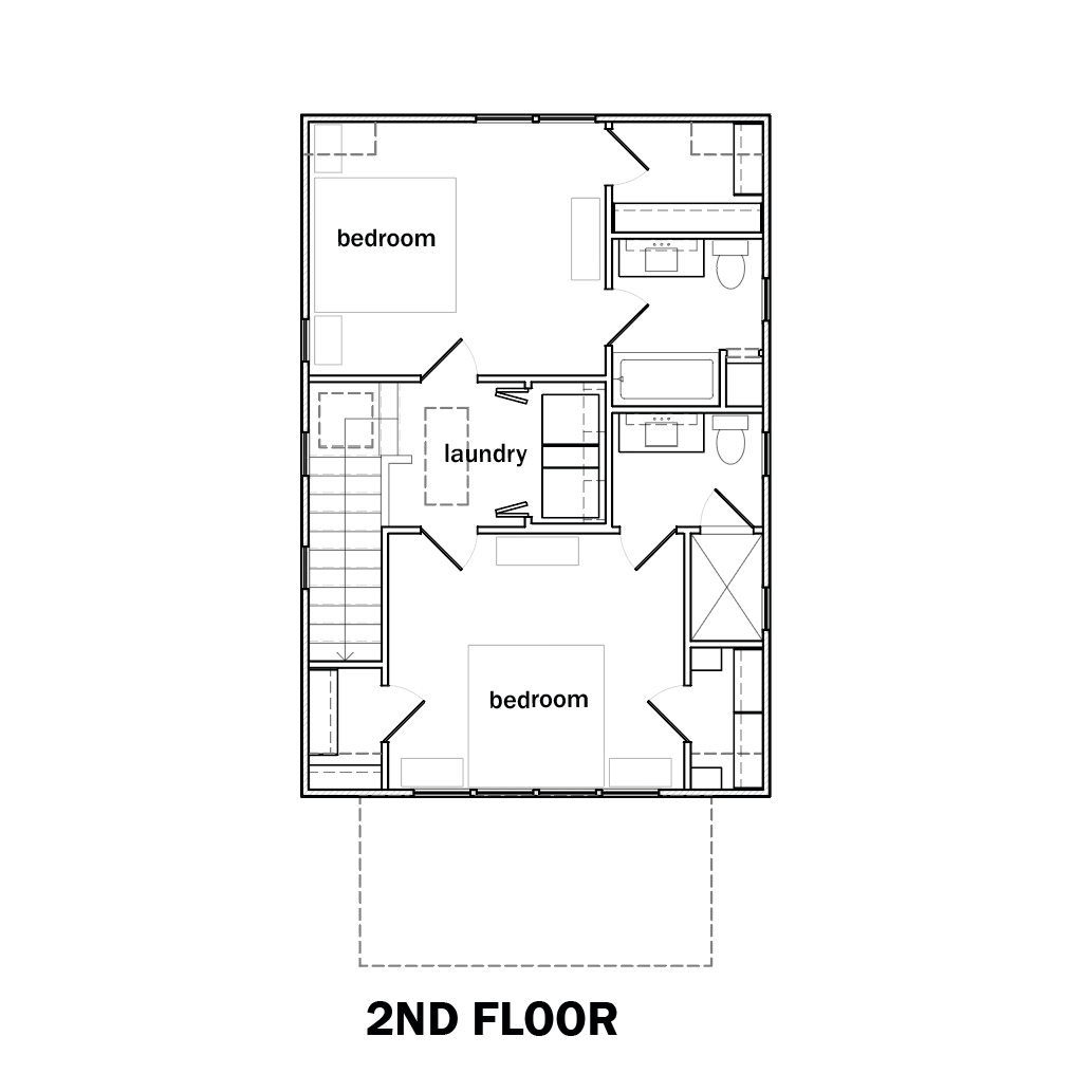 Architectural floor plan diagram showing the layout of a two-story house, labeled '2ND FLOOR' with room labels such as living, bedroom, and laundry on a white background.