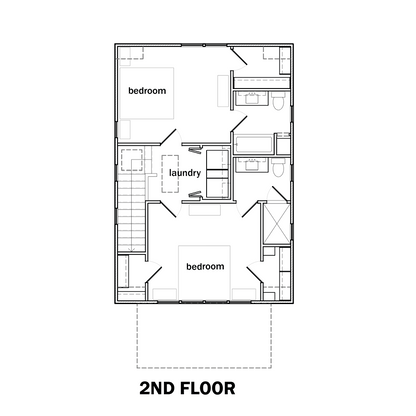 Architectural floor plan diagram showing the layout of a two-story house, labeled '2ND FLOOR' with room labels such as living, bedroom, and laundry on a white background.