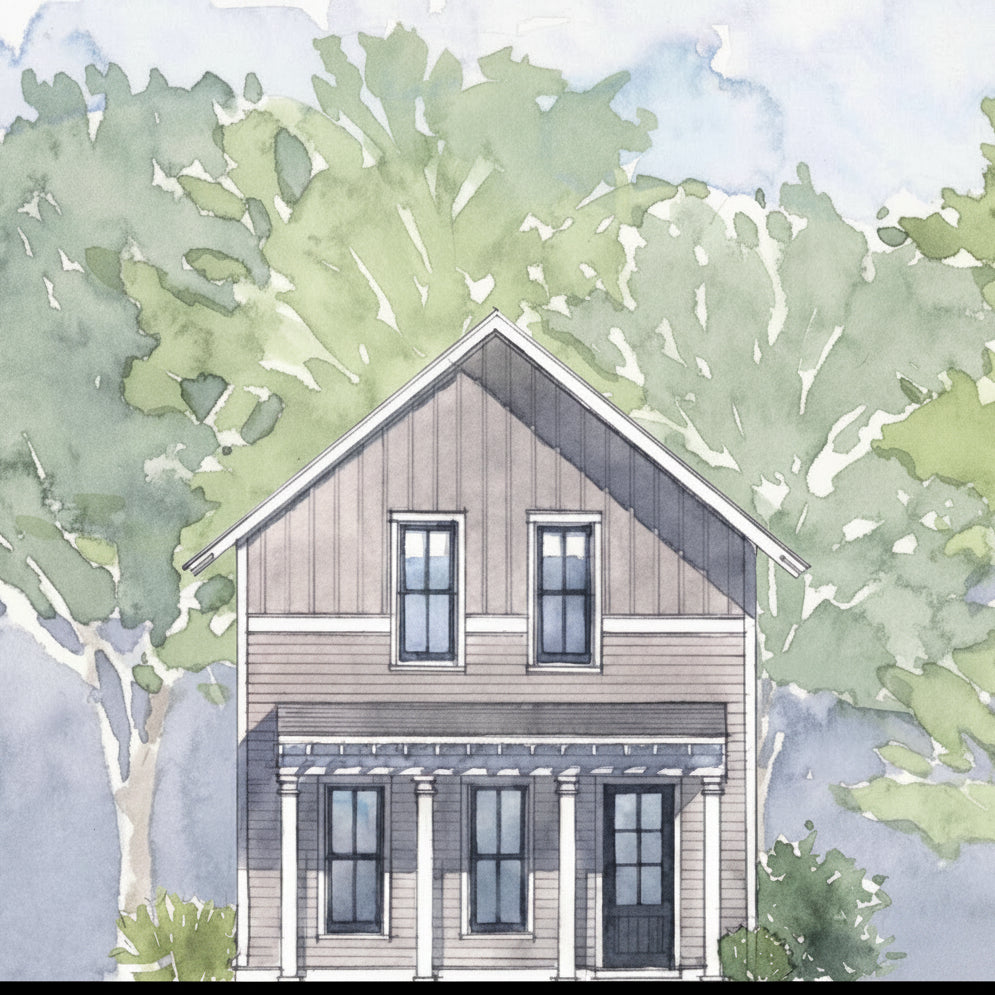 Rendered view of a two story house with trees in the background