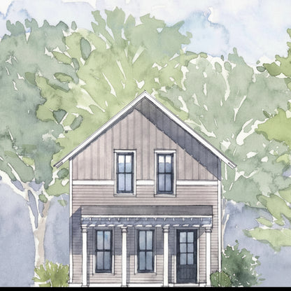 Rendered view of a two story house with trees in the background