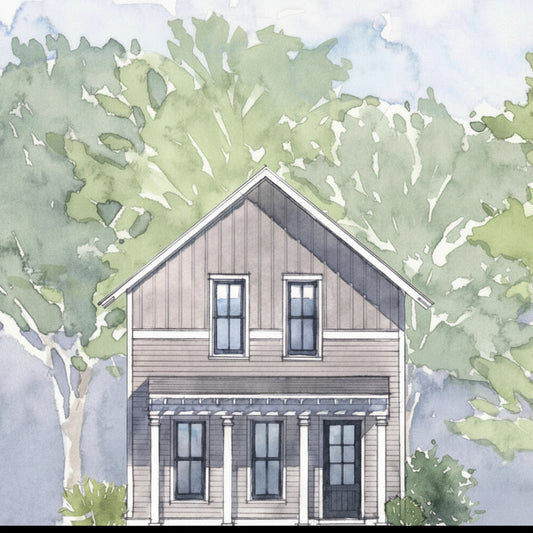 Rendered view of a two story house with trees in the background