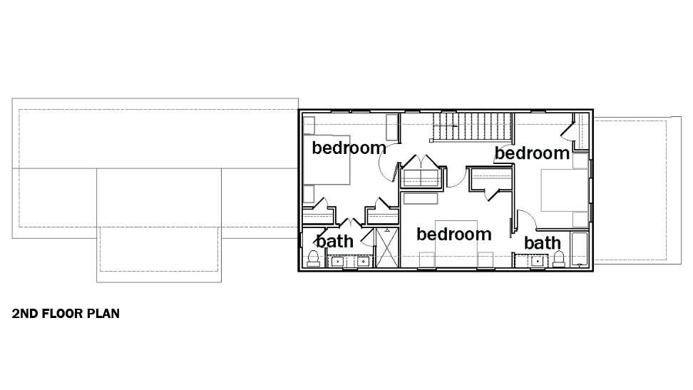 A black-and-white first-floor plan diagram labeled '2ND FLOOR PLAN' showing bedroom, bathroom, and staircase layouts on a white background.