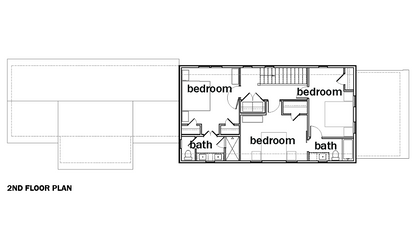 A black-and-white first-floor plan diagram labeled '2ND FLOOR PLAN' showing bedroom, bathroom, and staircase layouts on a white background.