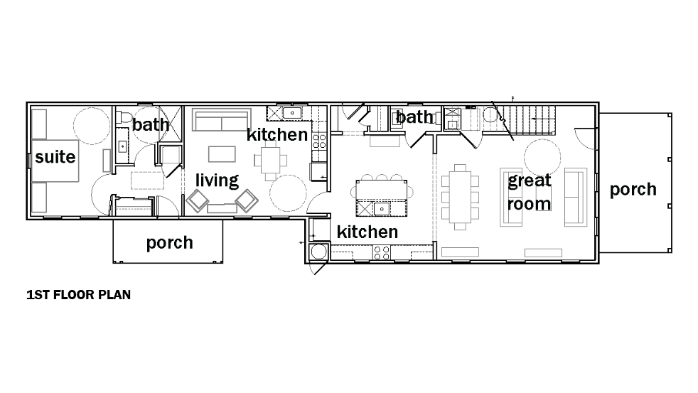 A black-and-white first-floor house plan diagram showing labeled rooms including suite, bath, kitchen, living, great room, porch, and stairs.