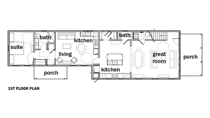 A black-and-white first-floor house plan diagram showing labeled rooms including suite, bath, kitchen, living, great room, porch, and stairs.