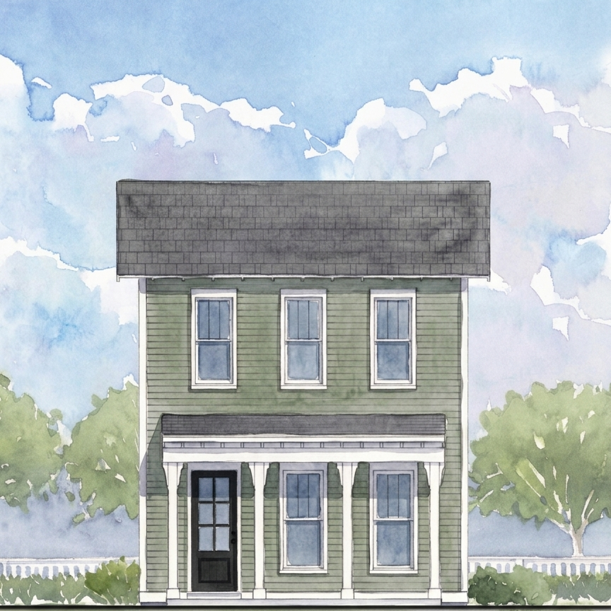 Illustration of a green house with a blue sky and clouds in the background