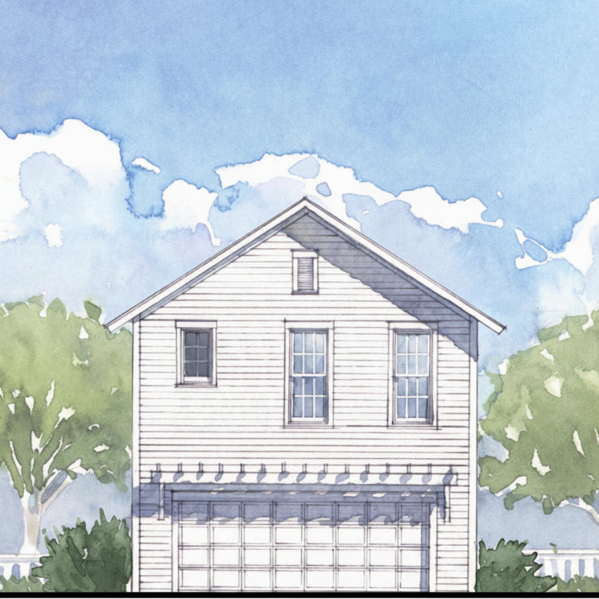 Illustration of a two-story house with a garage against a blue sky with clouds.