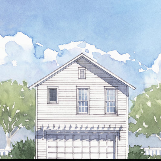 Illustration of a two-story house with a garage against a blue sky with clouds.