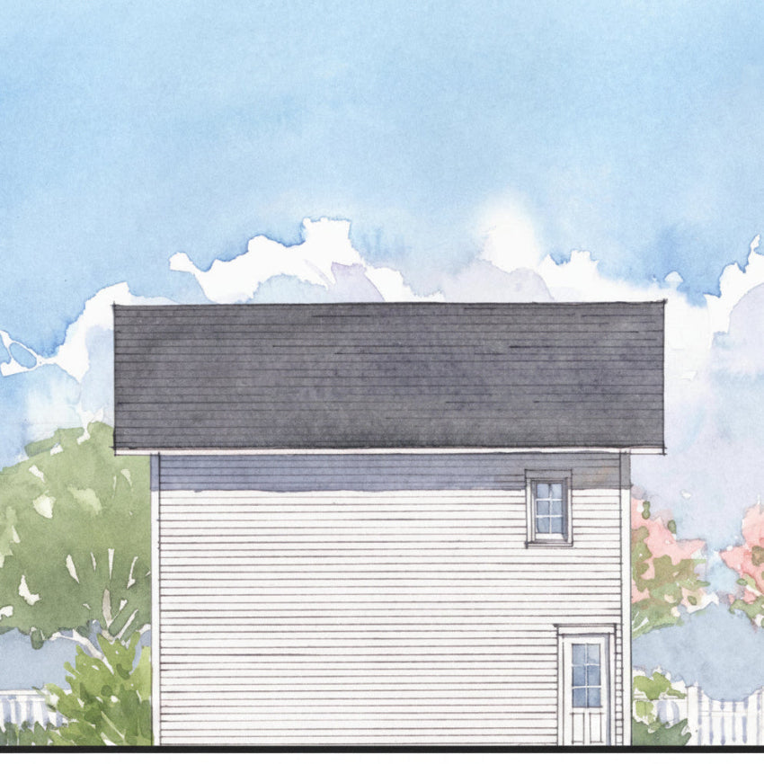 Illustration of a house with a gray roof against a blue sky with clouds.