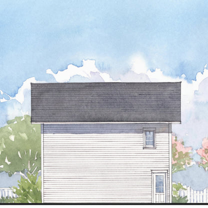 Illustration of a house with a gray roof against a blue sky with clouds.