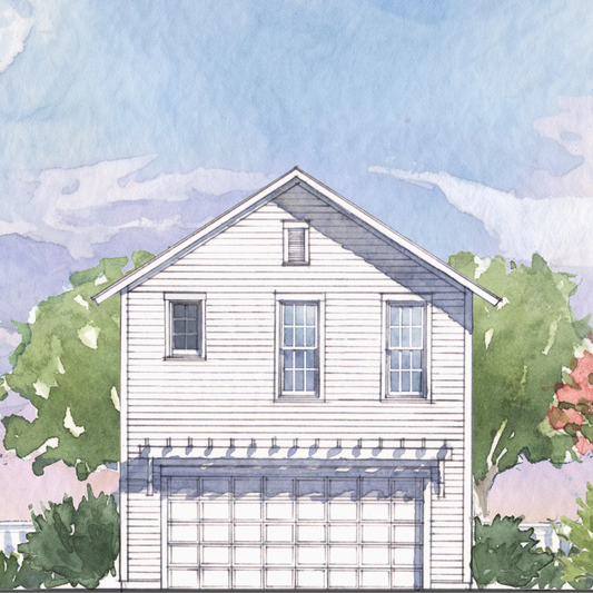 Watercolor architectural rendering of a two-story house with a garage and an attached wing, shown with trees, mountains, and a blue sky.