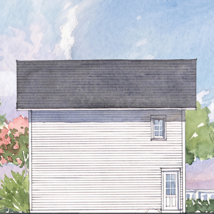 Watercolor-style illustration of a house exterior with white siding, a dark gray roof, a small window, and a door, surrounded by soft green and pink foliage under a blue sky.