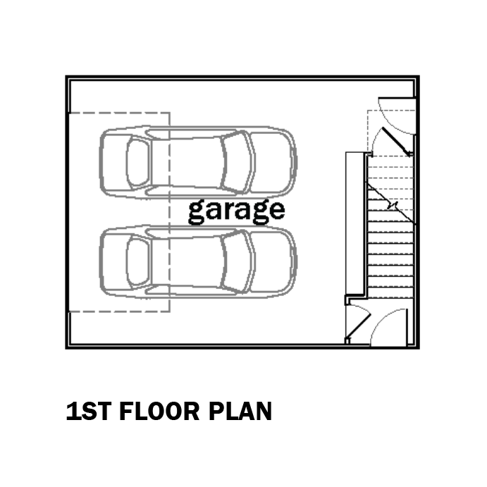 A black and white first-floor plan diagram showing two cars parked inside a garage, with a staircase on the right and the text '1ST FLOOR PLAN' below.