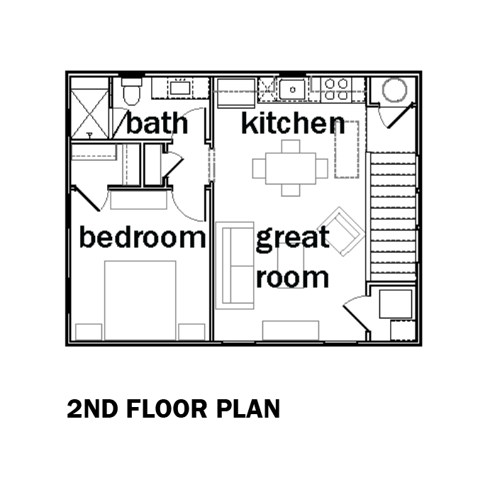 A black-and-white floor plan labeled '2ND FLOOR PLAN' showing a two-bedroom apartment layout with labeled rooms: bedroom, bathroom, kitchen, great room, and staircase.