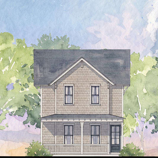 Watercolor-style illustration of a two-story house with gray siding, a dark roof, and a front porch, surrounded by green trees under a blue sky.