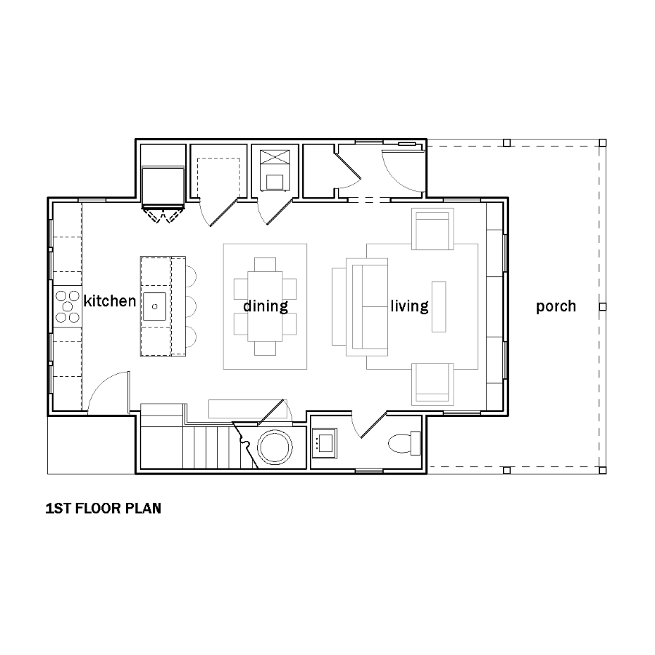 An architectural floor plan diagram showing a two-story layout with labeled rooms including a porch, living, dining and kitchen.