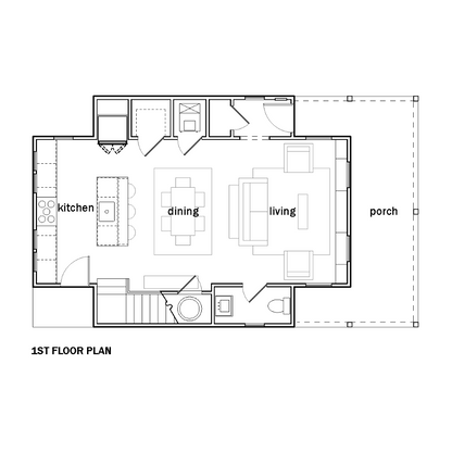 An architectural floor plan diagram showing a two-story layout with labeled rooms including a porch, living, dining and kitchen.