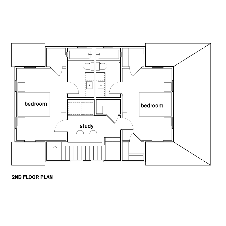 An architectural floor plan diagram showing the second story including two bedrooms with their own bathroom and closet, a study, and stairs.