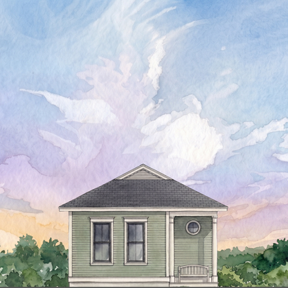 Watercolor-style illustration of a small house with pale green siding, a dark gray roof, white trim, and a porch