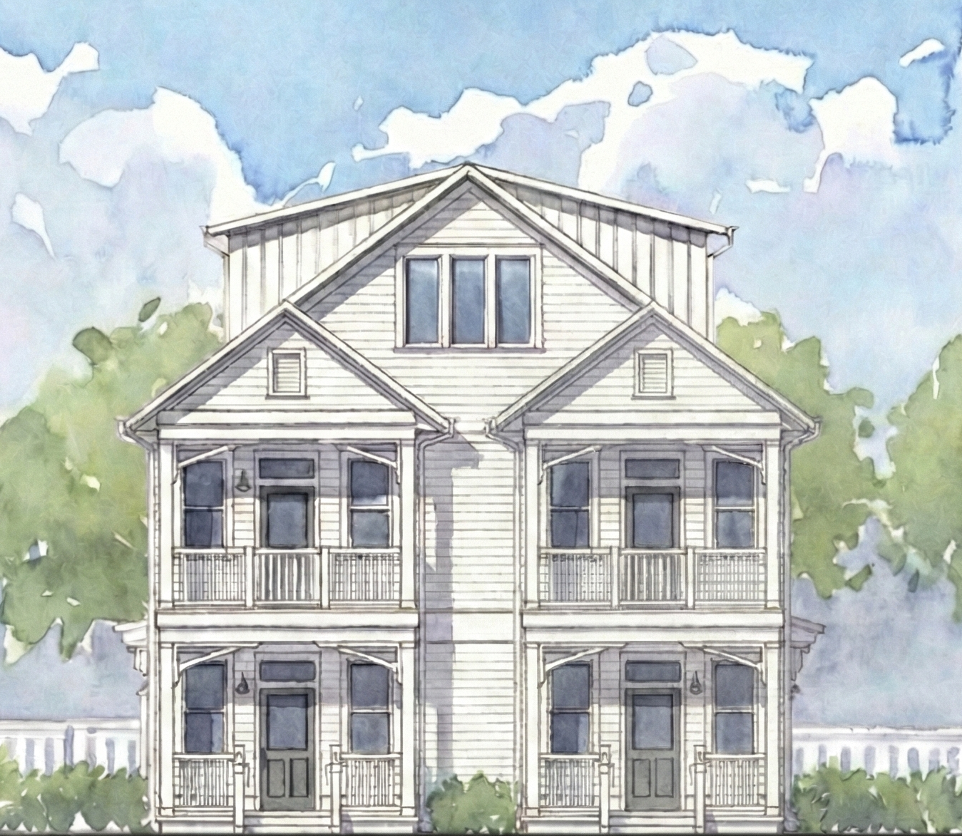 Illustration of a three-story house with porches and balconies