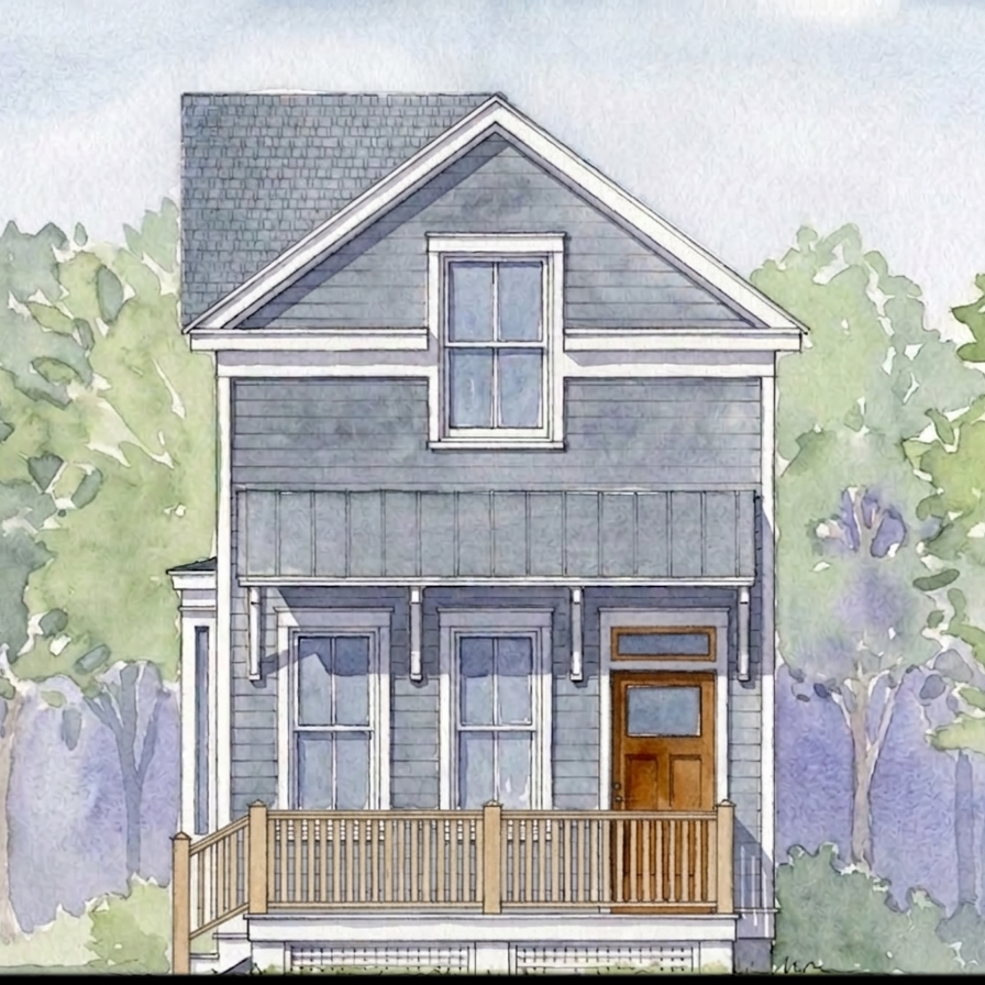 Painting of a two-story house with a porch surrounded by trees