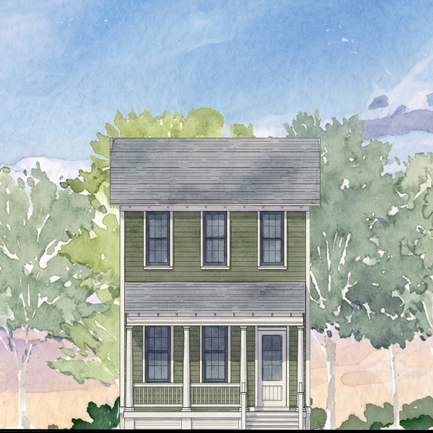 Watercolor-style illustration of a two-story house centered among tall green trees