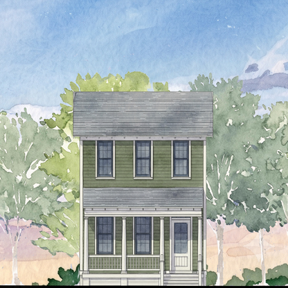 Watercolor-style illustration of a two-story house centered among tall green trees