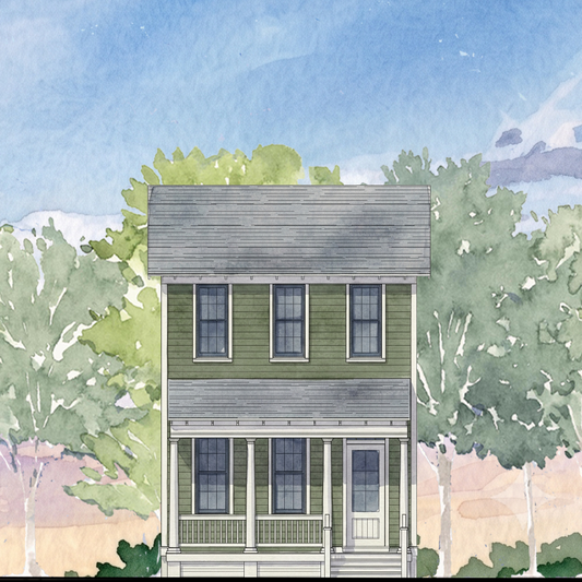 Watercolor-style illustration of a two-story house centered among tall green trees