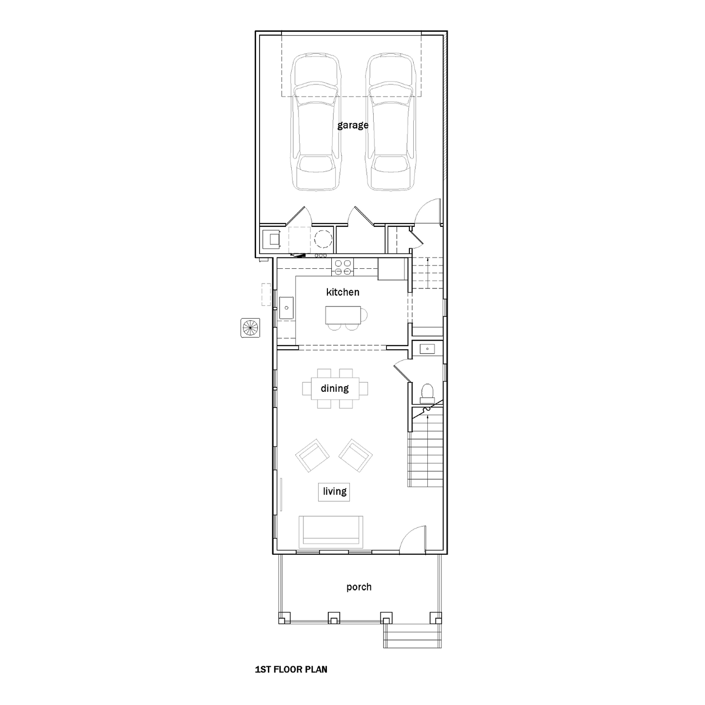 An architectural floor plan showing labeled rooms including garage, kitchen, dining, living, porch, stairs, and simple line drawings of furniture and cars.