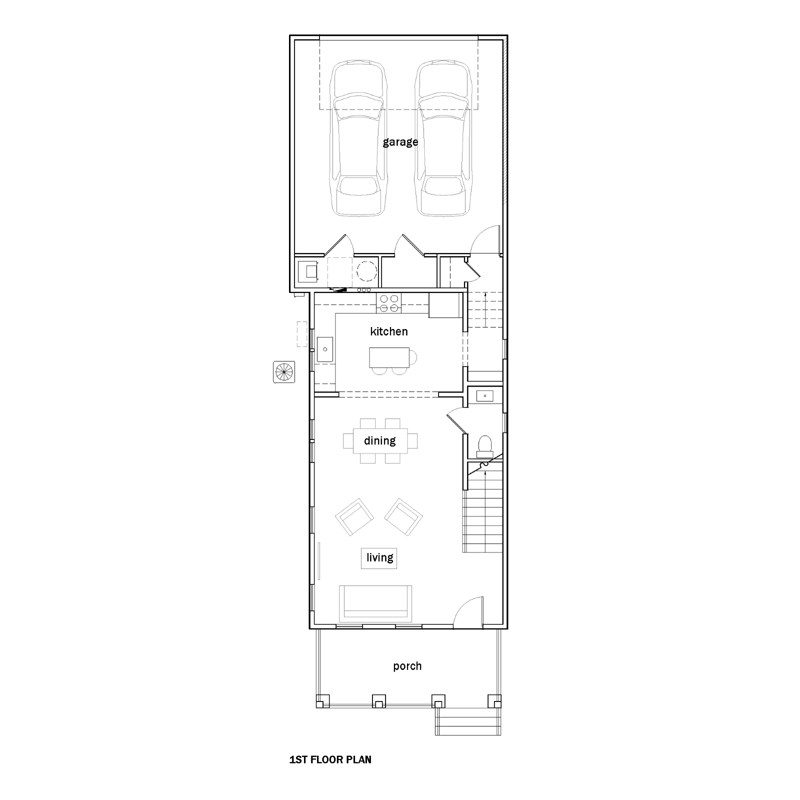 An architectural floor plan showing labeled rooms including garage, kitchen, dining, living, porch, stairs, and simple line drawings of furniture and cars.