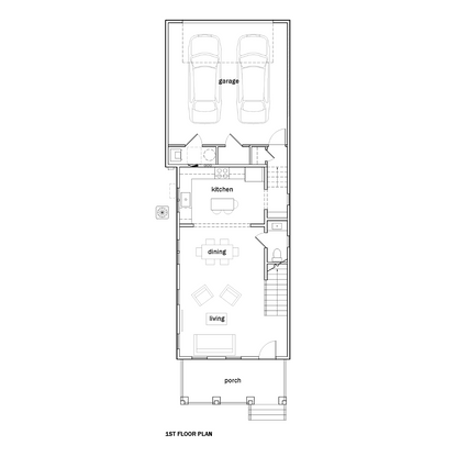 An architectural floor plan showing labeled rooms including garage, kitchen, dining, living, porch, stairs, and simple line drawings of furniture and cars.