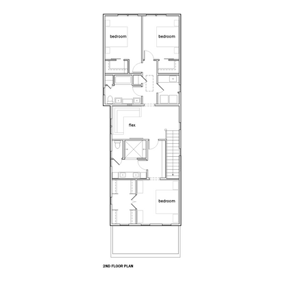An architectural floor plan showing the second floor rooms including 3 bedrooms, 2 bathrooms, and flex space.