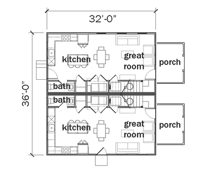 Floor plan of a building with two levels labeled '1st Floor Plan' and  featuring rooms like kitchen, great room, porch, and bedrooms.