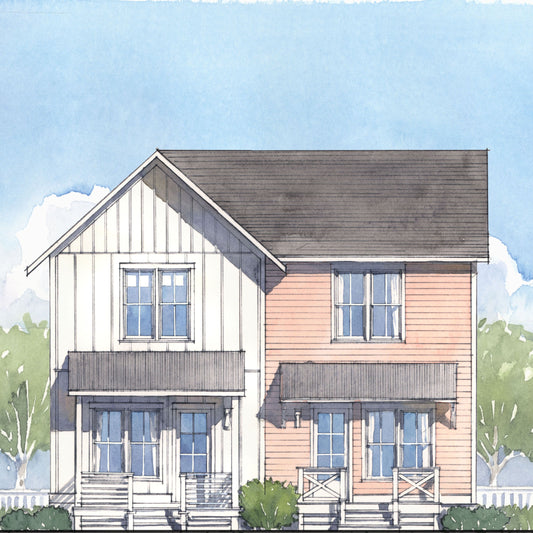 Illustration of a two-story house with a gray roof and white walls, surrounded by trees and a blue sky.