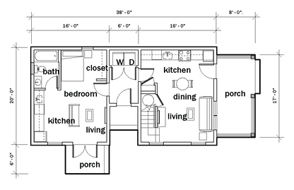 Floor plan of a building with labeled rooms and dimensions, featuring the branding of KUA