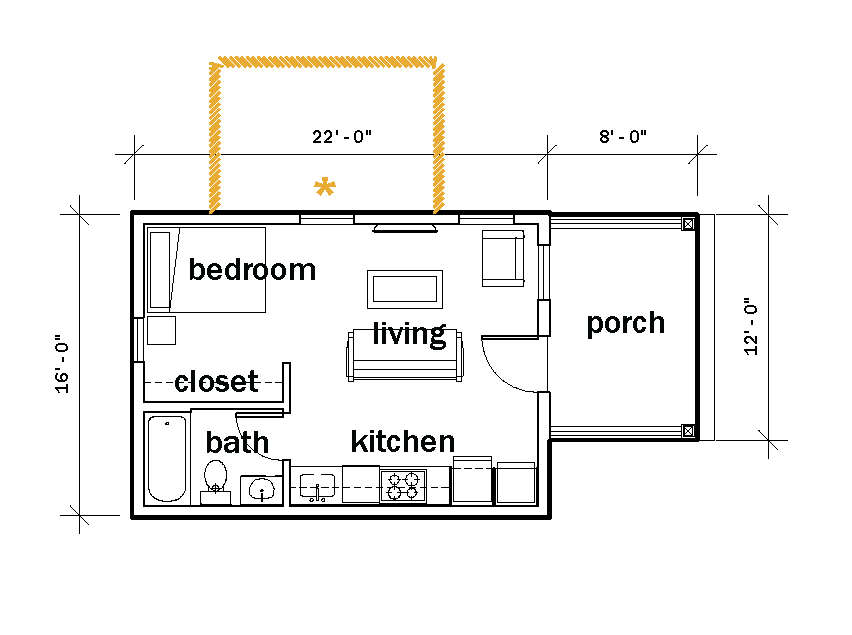 Floor plan of a one story house with two options for porches